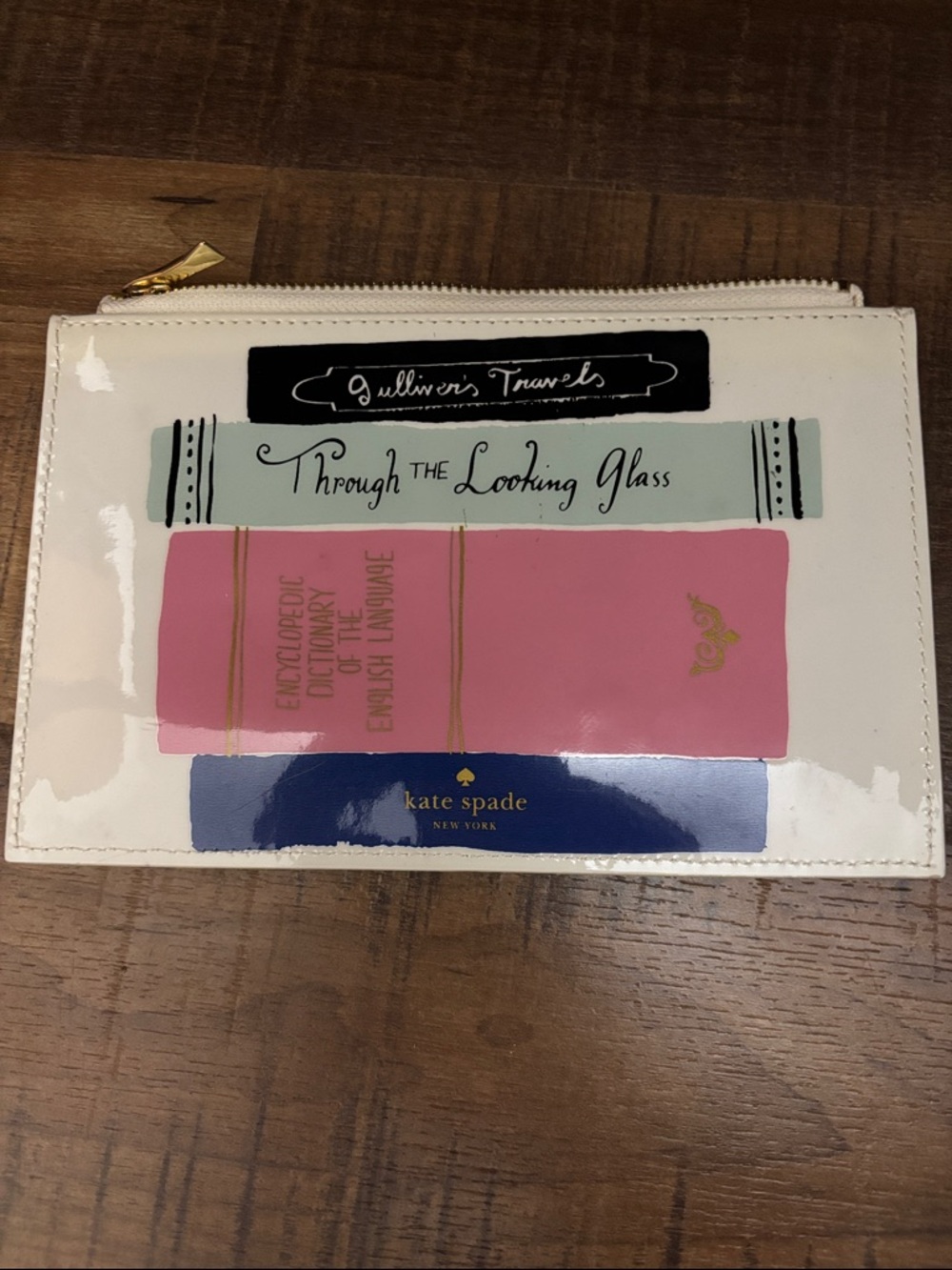 kate spade White Patent library classic Book-Stack Zipper pencil Pouch